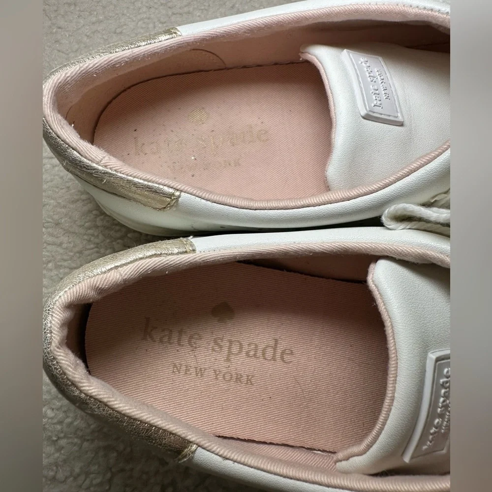Kate Spade Aster New York White‎ Leather Perforated Sneakers Gold Spade Logo 9.5